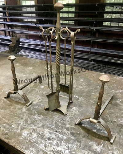 Wrought Iron Fire Tools and Stand with Andiron